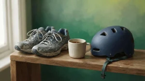 Sportschuhe, Fahrradhelm und eine Tasse auf einem offenen Holzregal