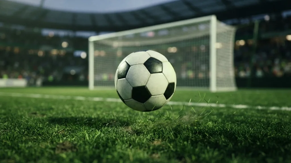 Ein Fußball fliegt über dem Rasen vor einem unscharfen Tor