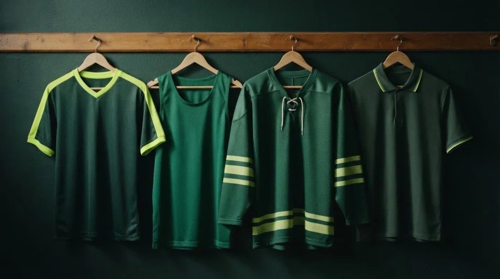 Verschiedenfarbige Sporttrikots hängen nebeneinander an einer Garderobe
